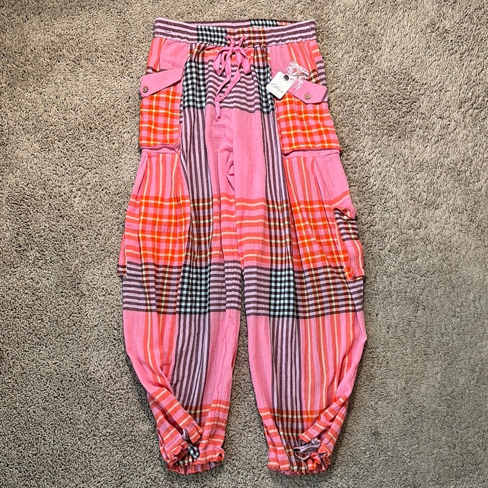 Free People Pink and Orange Plaid Joggers